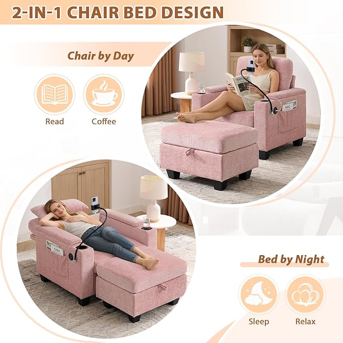 Oversized Chaise Lounge Chair Indoor, Single Convertible Recliner Reading Arm Sofa Chair W/Adjustable Backrest & Charging Port Couch Bed for Living Room, Home Theater & Bedroom, Pink
