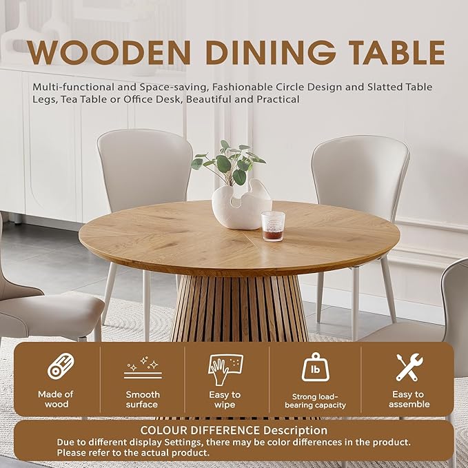 ODC 47" Modern Round Dining Table for 4, Natural Wood Grain Kitchen Table with Slatted Pedestal Base, Mid-Century Round Table for Dining Room, Small Dining Table for Kitchen & Home Office, Table Only