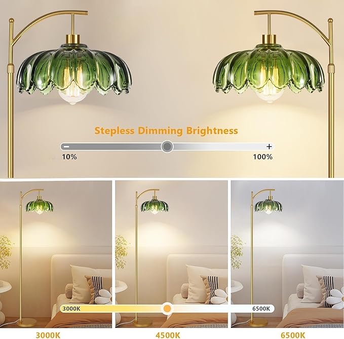 Floor Lamp for Living Room,Bedroom,Mid Century Modern Standing Lamp with Remote,Dimmable Gold Tall Lamp Glass Green Vintage Retro Arc Flower Floor Light Boho Bohemian