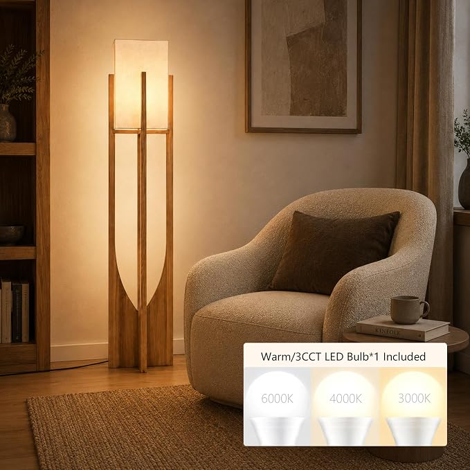 Solid Wood Floor Lamp, 57.1" Mid Century Modern Standing Lamp with Arch Base & Brass Hardware, Linen Shade for Living Room Bedroom Reading Corner, Walnut (LED Bulb Included)