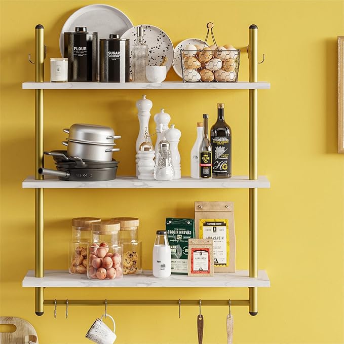 Bestier 31" Industrial Pipe Shelving, Floating Kitchen Wall Shelves 3 Tier Coffee Bar Shelves for Wall with 8 Hooks, Hanging Display Shelf Bookshelf for Living Room Bathroom, White Marble