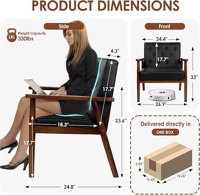 JIASTING Mid-Century Retro Modern Solid Wood Armrest Accent Chair, Faux Leather Tufted Back Upholstered Lounge Chairs, Living Room Furniture (Black 8325)