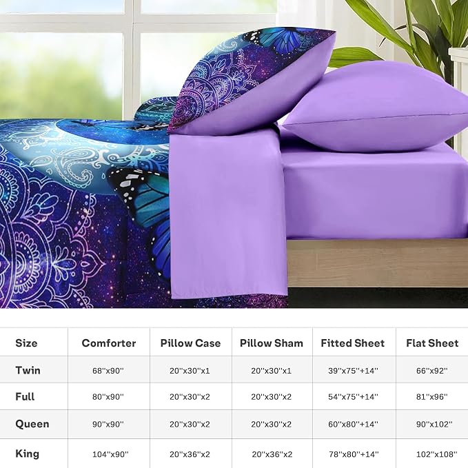 Nesker 7 Pcs Comforter Set Queen Size, Dream Butterflies Floral Bedding Set for Kids and Adults, Fantasy Starry Moon Bed Sheet Sets with Fitted Sheet 2 Pillowcases & 2 Shams