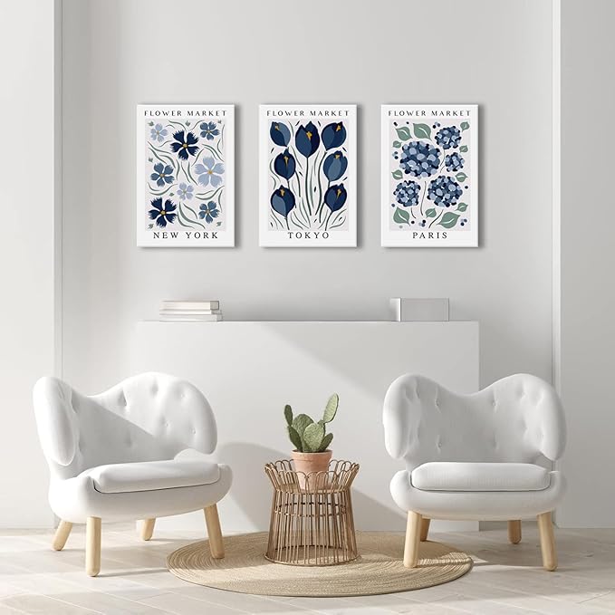 BingruiArt Flower Market Wall Art Navy Blue Canvas Boho Floral Wall Decor Modern Retro Botanical Posters Prints Pictures for Livingroom Batroom Bedroom Dorm Room 3Pcs 16"x24" Framed