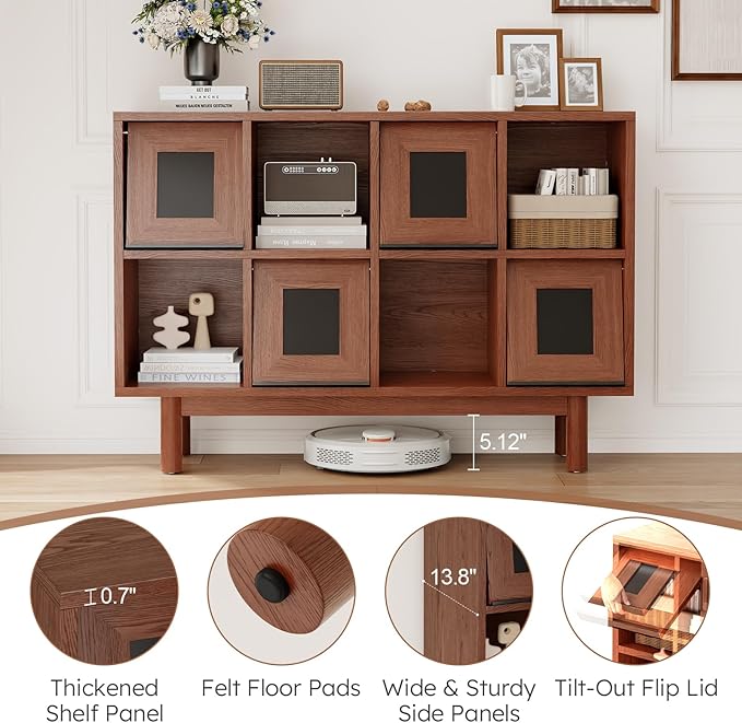 Solid Wood 8 Cube Storage Organizer, Horizontal Bookshelf with Storage, 2 Shelf Bookcase with Glass Doors TV Stand Bookshelf, Small Book Shelf for Kids Rooms, Bedroom, Living Room, Offices (47.2 Wide)
