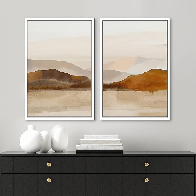 MUDECOR Framed Canvas Print Wall Art Pastel Brown Mountain Range Ocean Lake Wilderness Nature Illustrations Modern Art Decorative Calm/Relax Multicolor Rustic Minimal for Bedroom - 16"x24"x2 White