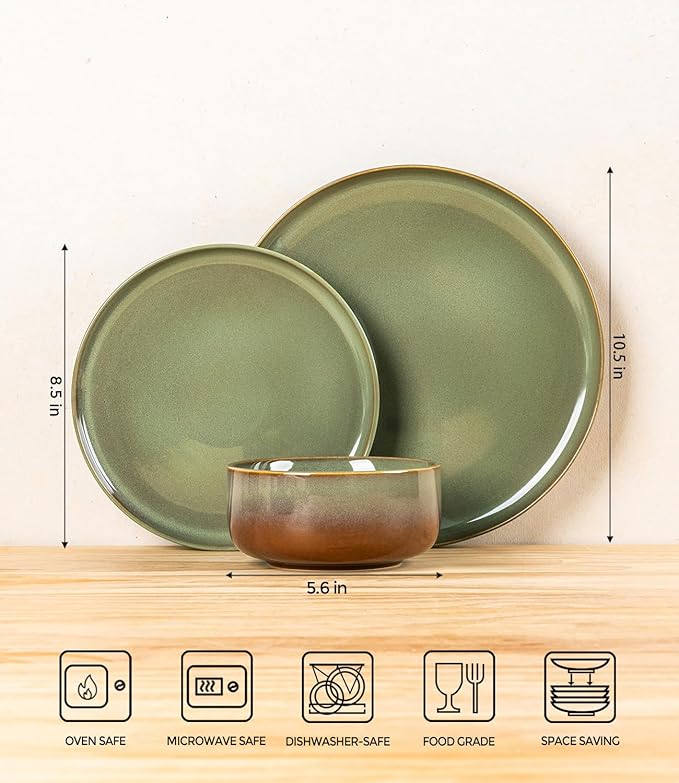 TheTerra Ceramic Dinnerware Sets for 4, 12 Pieces Handmade Reactive Glaze Plates and Bowls Set, Scratch Resistant Dish Set, Oven & Microwave & Dishwasher Safe, Sage Umber