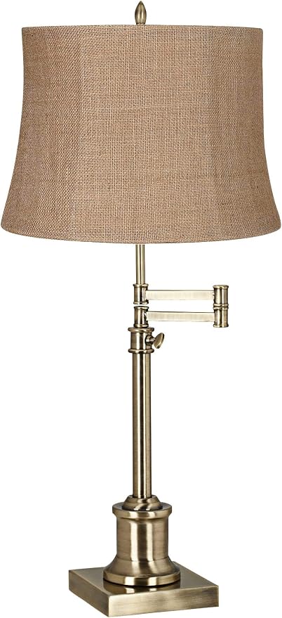 360 Lighting Westbury Traditional Swing Arm Desk Table Lamp Adjustable Height 36" Tall Antique Brass Natural Burlap Fabric Drum Shade for Living Room Bedroom House Bedside Nightstand Home