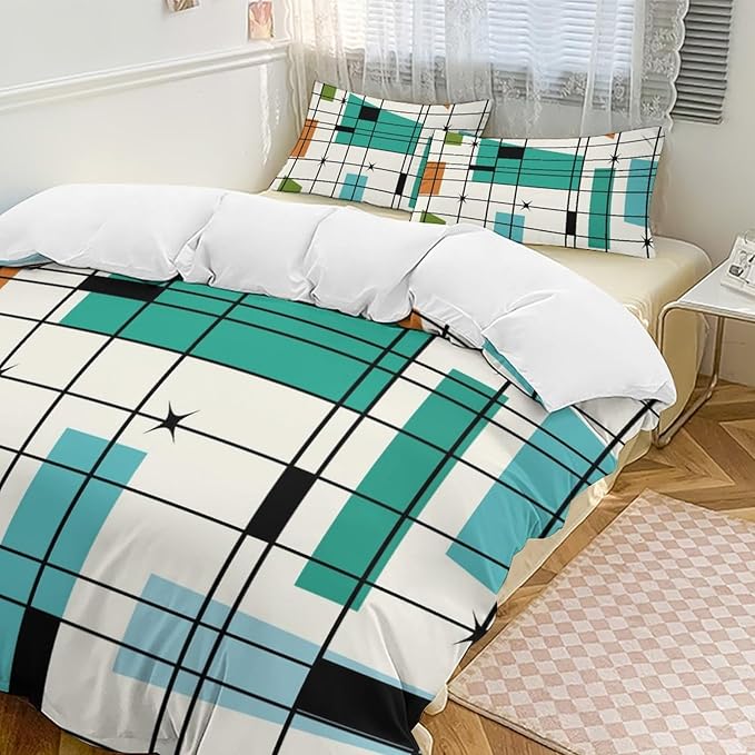 Mid Century Duvet Cover Sets Aesthetic Abstract Geometric Mid Century Retro Printed Lightweight Soft Quilt Cover Minimalist Soft Microfiber 3 Piece (1 Duvet Cover 79x90in + 2 Pillow Sham 20x30in)