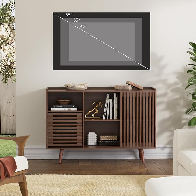 FiveWillowise 47.2" Buffet Cabinet with Storage, Mid-Century Sideboard Coffee Bar Cabinet with Sliding Door for Living Room, Dining Room, Kitchen, Hallway, Walnut