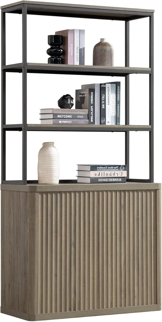 SICOTAS Book Shelf Fluted Bookshelf 71" Tall Bookcase with Doors Storage 5 Tier Mid Century Modern Bookshelves Large Shelves Metal Book Cases for Living Room Office Bedroom Kitchen Library