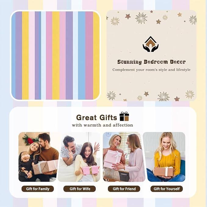 Rainbow Stripe Cal King Size Comforter Sets 3 Piece, Colorful Stripes Printed Pattern, Soft All Season Bed Comforter & 2 Pillow Sham, Kids Striped Bedroom Decor Reversible Bedding D-GM16