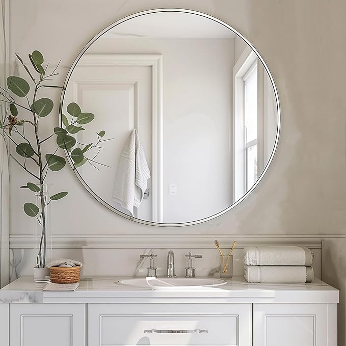 Sunniry Silver Circle Mirror, Round Mirror 20 inch, Round Wall Mirrors with Brushed Aluminum Frame, Circle Mirrors for Living Room, Bathroom, Wall, Hallway.