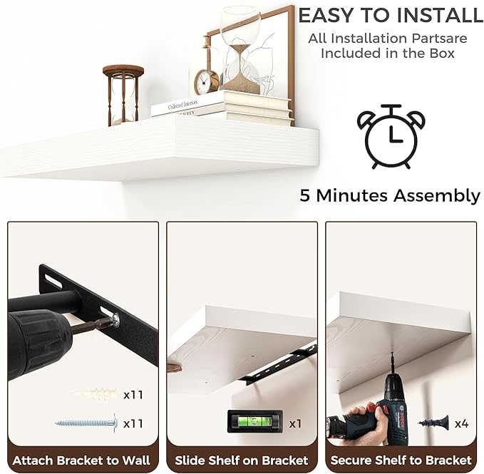 Floating Shelves for Wall, 55 Inch Wide x 12 Inch Deep Floating Shelves, Long Wood Floating Wall Shelf Shelves for Living Room Bathroom Bedroom Kitchen Home - (White, 55" W x 12" D x 2" H)