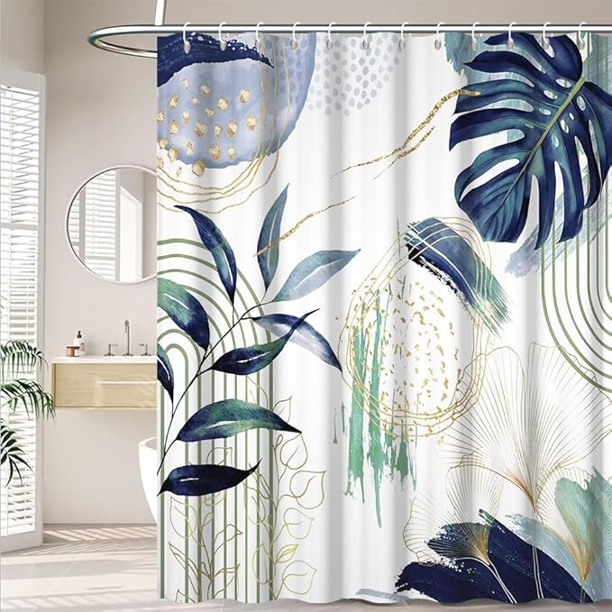 Mid Century Boho Shower Curtain Dark Green and Blue Palm Leaf Abstract Minimalist Aesthetic Bathroom Decor Watercolor Plant Bathtub Curtains Washable Waterproof Polyester Fabric with Hooks 72x96 Inch