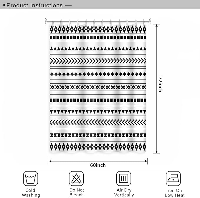 Black and White Fabric Bathroom Shower Curtain Boho Abstract Geometric Pattern Waterproof Polyester Shower Curtains for Modern Minimalist Artistic Aesthetic Home Decorative, 60x72 Inch