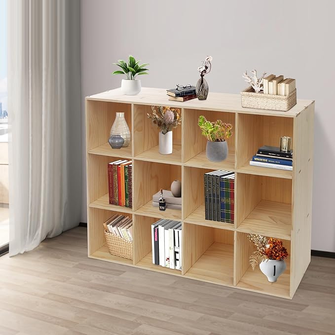 12-Cube Storage Organizer Solid Wood Cube Shelf with Deep Compartments, 220 lbs Capacity Wooden Cubby Bookcase for Living Room, Office, Dorm (12 Cube)