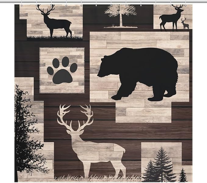 Rustic Cabin Bear Animals Shower Curtain Deer Forest Wildlife Wooden Country Lodge Hunting Camping Animal Waterproof Shower Curtains for Bathroom Decor 12 Pack Hooks 72x72in (183x183cm)