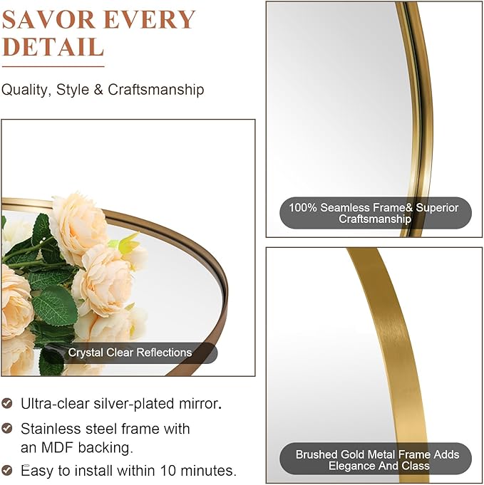 ANDY STAR Gold Oval Mirrors for Bathroom, 20x28 Inch Brushed Gold Stainless Steel Metal Framed Oval Wall Mirror, Modern Vanity Mirror Wall Mount Horizontal or Vertical
