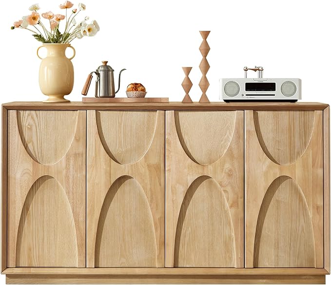 59" Sideboard Buffet Cabinet with Storage, Mid-Century Modern Sculpted Door Design Buffet Sideboard Accent Credenza with Adjustable Shelves for Living Room Kitchen Hallway (Natural)