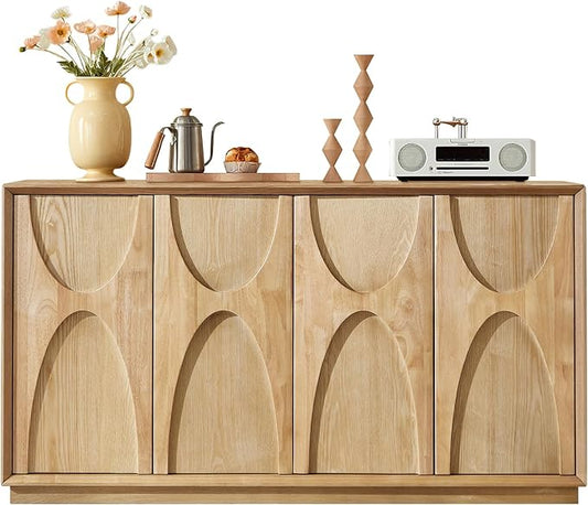 59" Sideboard Buffet Cabinet with Storage, Mid-Century Modern Sculpted Door Design Buffet Sideboard Accent Credenza with Adjustable Shelves for Living Room Kitchen Hallway (Natural)