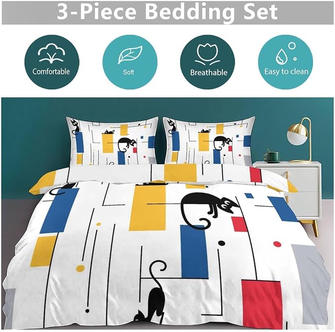 Mid Century Bedding Set,Retro Black Cat 1950s 1960s Abstract Atomic Colorful Geometric Pattern Modern Comforter Set with Pillowcase for Bedroom Bed Decor,King 102"x90"