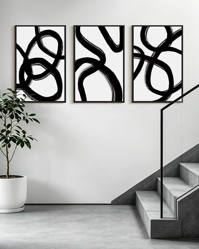 KUVIOKE Black and White Abstract Framed Wall Art Ink Wash Minimalist Lines Painting Artwork for Bedroom Hallway 16x24in (Black Framed)