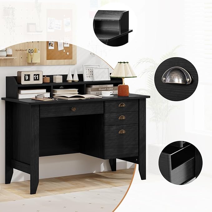 Safeplus 48" Computer Desk with 4 Storage Drawers and Hutch Wood Executive Table for PC Laptop