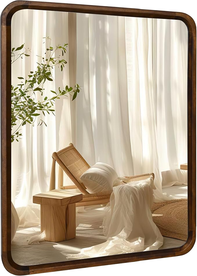 Bathroom Mirror for Wall,Wood Rectangle 30 x 40 inch Hanging Vatiny Tempered Mirrors with Rounded Corner for Living Room,Bedroom,Entryway