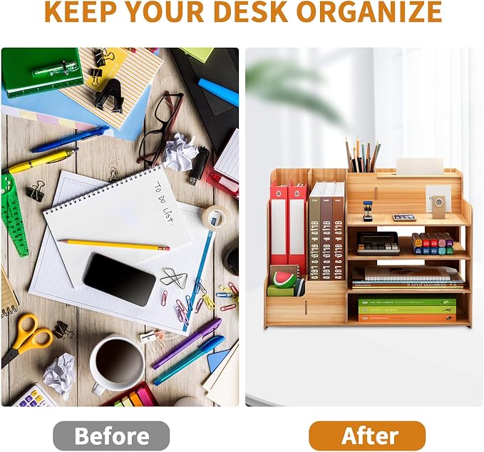 FYY Desk Organizer Wooden Desktop Organizer with 3 Trays - Assembly is Required - Large Desk File Organizer Office Supplies Desk Organizer Tray, Pen Holder and Tissue Box for School Home