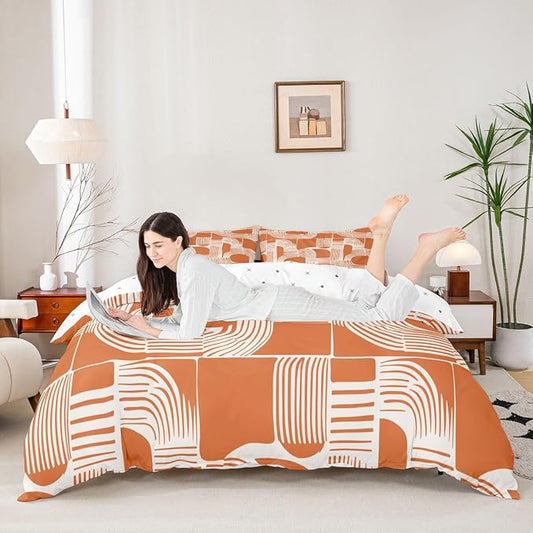 Erosebridal Mid Century Kids Queen Bedding Set Bohemian Ethnic Comforter Cover for Boys Teens Adult Boho Geometric Duvet Cover 3-Piece Modern Simple Orange Stripes Bed Sets Lightweight Bedroom Decor