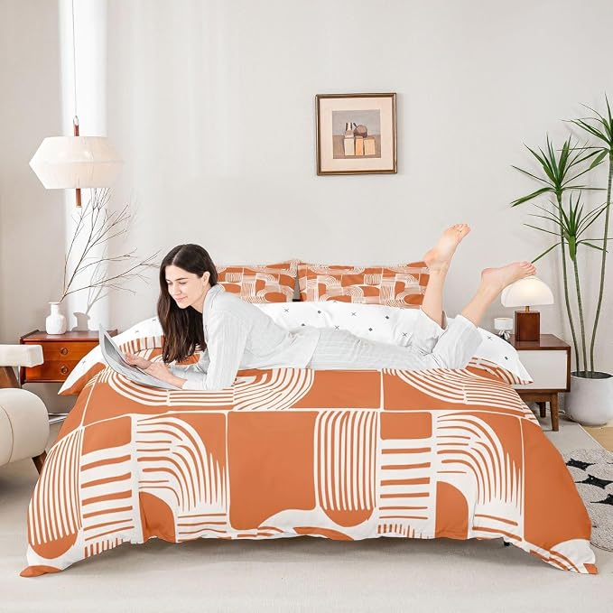 Erosebridal Mid Century Kids Full Bedding Set Bohemian Ethnic Comforter Cover for Boys Teens Adult Boho Geometric Duvet Cover 3-Piece Modern Simple Orange Stripes Bed Sets Lightweight Bedroom Decor
