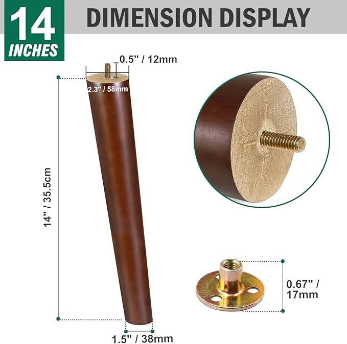 FoDau770 Brown Rubber Wood Furniture Legs 14 Inches, Slant Tapered Wood Feet Mid Century Sofa Legs Set of 4, 5/16" UNC Furniture Feet Replacement Parts for Cabinet Couch Dresser Chair Ottoman Table