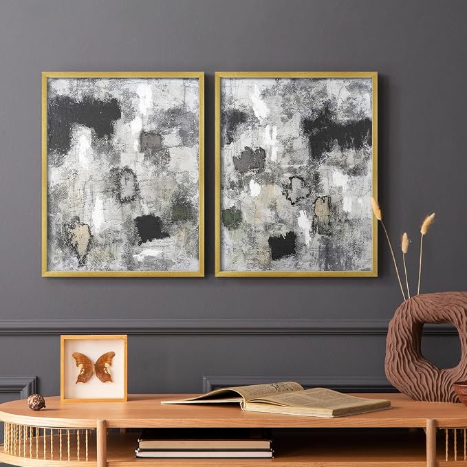 Renditions Gallery Set of 2 Peel & Stick Framed Prints, Abstract Wall Art, Hand Painted Black and White Pattern Wall Decor, Re-Stickable - Ready to Hang - 16"x20" - GOLD Frame LT588