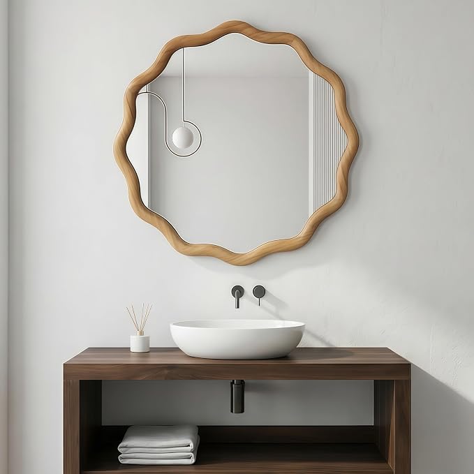 24" Wavy Round Solid Wood Frame Decorative Mirror, for Bedroom, Bathroom, Living Room, Entryway, HU26052223 (Oak)
