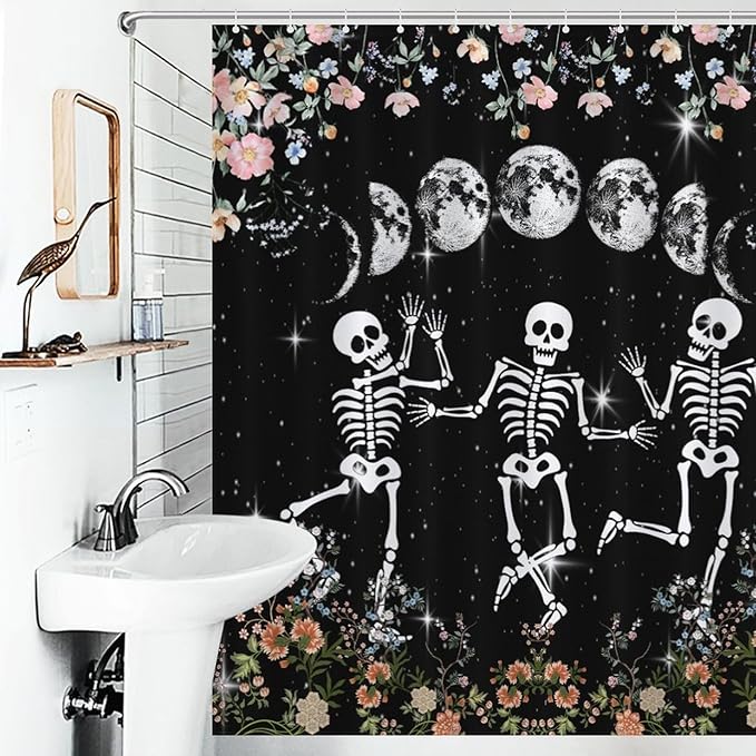 Skull Skeleton Flower Moon Shower Curtain Gothic Moon Phase Scary Horror Black Spooky Flower Holiday Waterproof Shower Curtains for Bathroom Decor 12 Pack Hooks 66x72in（168x183cm）