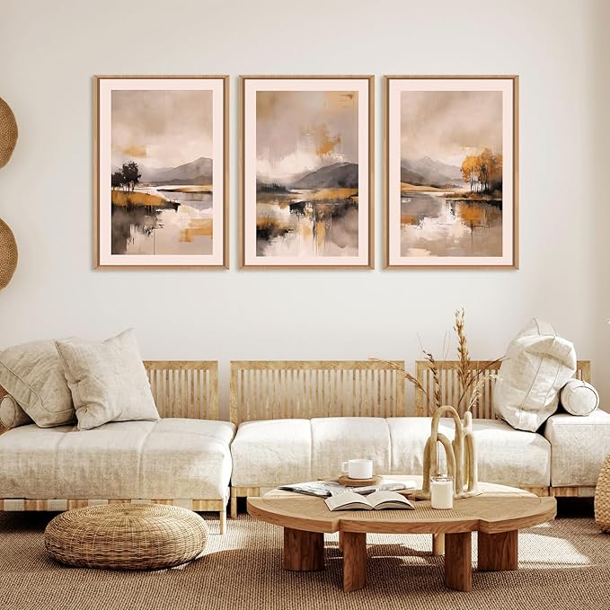 FWIEXA Abstract Landscape Neutral Canvas Wall Art Set, Beige Grey Mountain Framed Wall Decor, 3 Panel 24x36 Inches Watercoler Lake Artwork, Brush Stroke Forest Prints for Living Room, Office, Bedroom