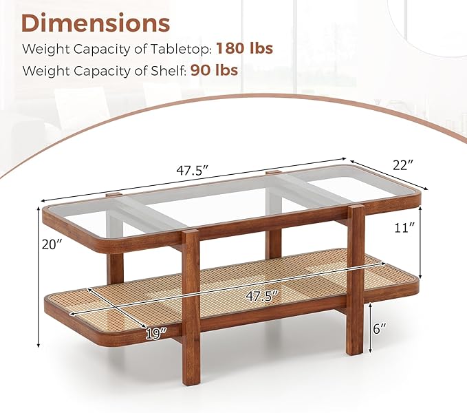 Giantex Rattan Coffee Table, 47.5" Rectangle Solid Wood Tea Table w/Tempered Glass Tabletop, Rattan Storage Shelf, 2-Tier Boho Coffee Tables, Farmhouse Center Table for Living Room (Brown)