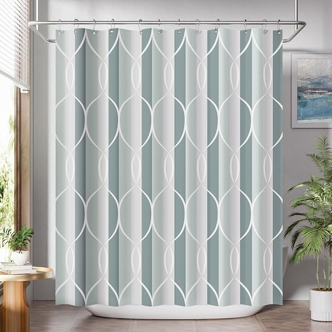 AmazerBath Shower Curtain Sets, Washable Cloth Geometric Green-Grey Stripped Fabric Shower Curtain with 12 Metal Hooks, Luxury Home Farmhouse Polyester Bathroom Decor Shower Curtains, 72x72 Inches