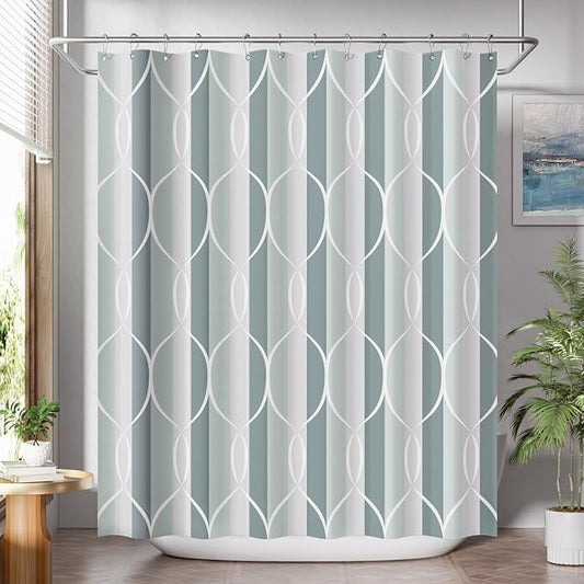 AmazerBath Shower Curtain Sets, Washable Cloth Geometric Green-Grey Stripped Fabric Shower Curtain with 12 Metal Hooks, Luxury Home Farmhouse Polyester Bathroom Decor Shower Curtains, 72x72 Inches