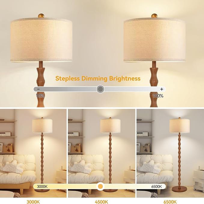 ZECOXOL Wood Floor Lamp with 3 Color Temperatures,Boho Floor Lamp with Remote Control,Dimmable Vintage Floor Lamp Mid Century Modern Standing Lamp Farmhouse Tall Pole Lamp for Living Room Bedroom