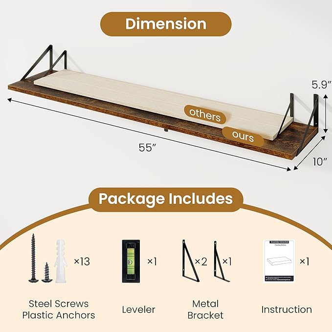 Deep Floating Shelves,55" Wx10 D Wood Wall Shelves Set of 2,Long Wood Floating Shelf with Metal Brackets,Floating Bookshelf for Living Room,Kitchen,Office,Bedroom,Decor Storage,Rustic Brown