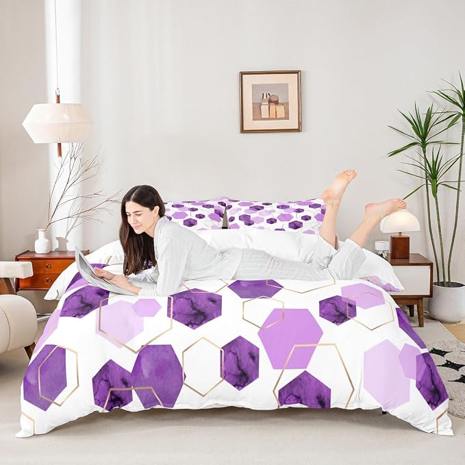 Erosebridal Purple Duvet Cover Full Size for Boys Girls Geometric Hexagon Bedding Sets Modern Abstract Art Decor Bed Set Lavender Marbling Striped Bed Cover with 2 Pillow Cases