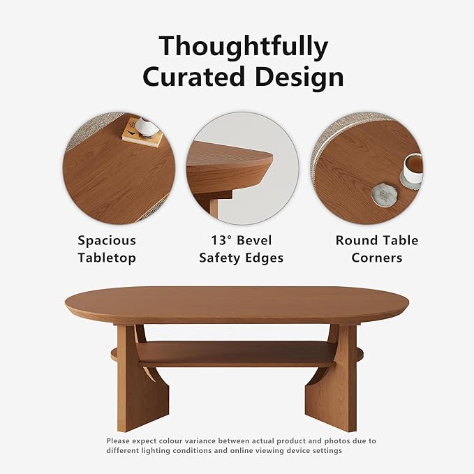 Mid Century Modern Coffee Table, 47" Oval Wood Coffee Tables for Living Room, 2 Tier Curved Round Center Table with Storage Shelf & Sturdy Base, Minimalist Retro Tea Tables, Cherry