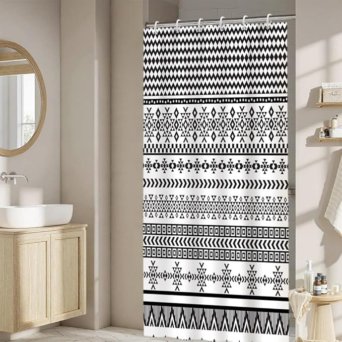 Bohemian Ethnic Shower Curtain for Bathroom Black and White Geometric Pattern Shower Curtains Modern Abstract Minimalist Bathroom Decor Set Washable Waterproof Polyester Fabric with Hooks 48x72 Inch