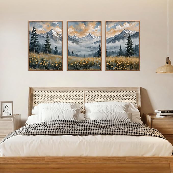 FWIEXA Misty Mountain Framed Canvas Wall Art Set, Foggy Forest Modern Wall Decor, Nature Wildflower Grassland Artwork, Woodland Landscape Scenery Prints for Living Room, Office - Size 16"x24"x3