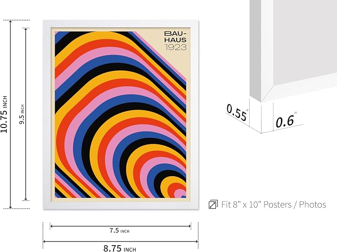 Poster Master Bauhaus Poster - Psychedelic Stripes Print - Abstract Art - Geometric Art - Graphic Design Art - Chic Boho Art - Mid Century Modern Art - Living Room Wall Decor - 8x10 White Framed
