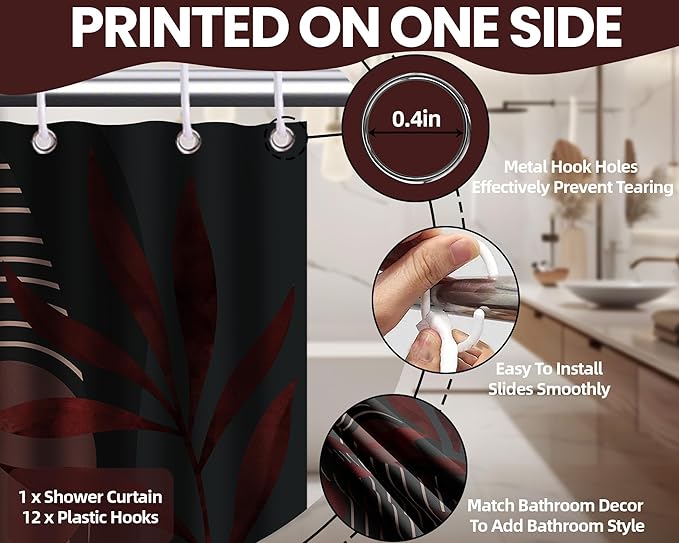 Boho Black and Dark Red Shower Curtain, Mid Century Modern Burgundy Shower Curtains for Bathroom, Waterproof Fabric Set with Hooks, 70" W x 72" L