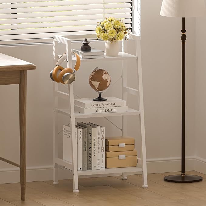 3-Tier Bookshelf, Ladder Shelf, Stand Up Shelves, Industrial Bookcase with Steel Frame, Metal Small Bookcase, for Living Room, Home Office, Kitchen, Bedroom, Industrial Style（White）