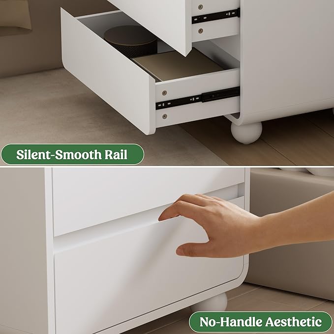 Lulive Wood Night Stand with Drawers, Modern Bedside End Table with Charging Station, Curved Profile Design Storage Nightstand for Bedroom, White